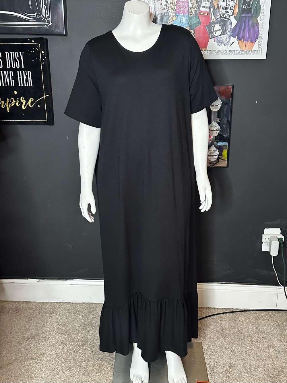 ASOS Black Short-Sleeve Dress with Ruffle Hem